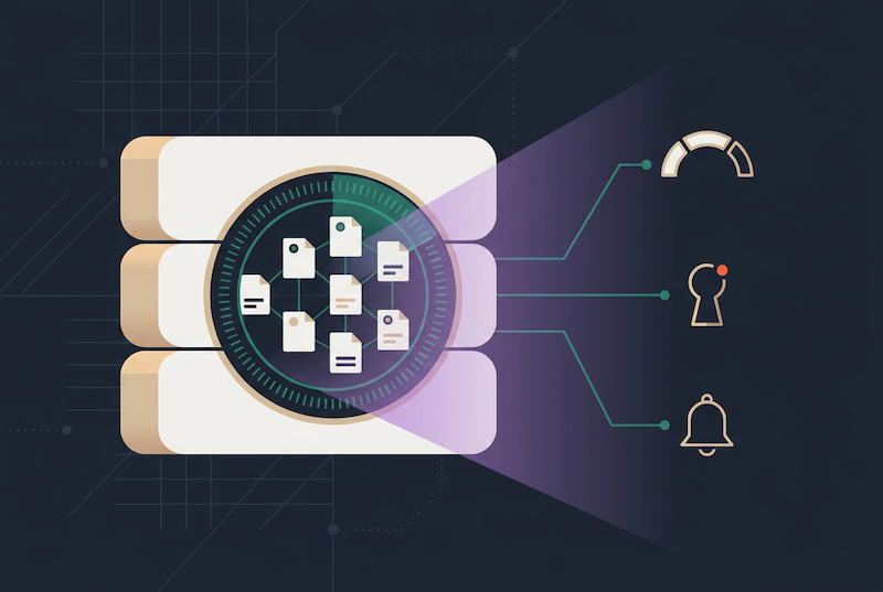 An abstract illustration of documents within a vault. Three lines extend from the vault to icons—a gauge, a keyhole, and a bell—representing contract visibility through analysis, security, and alerts. Dark background with geometric accents.