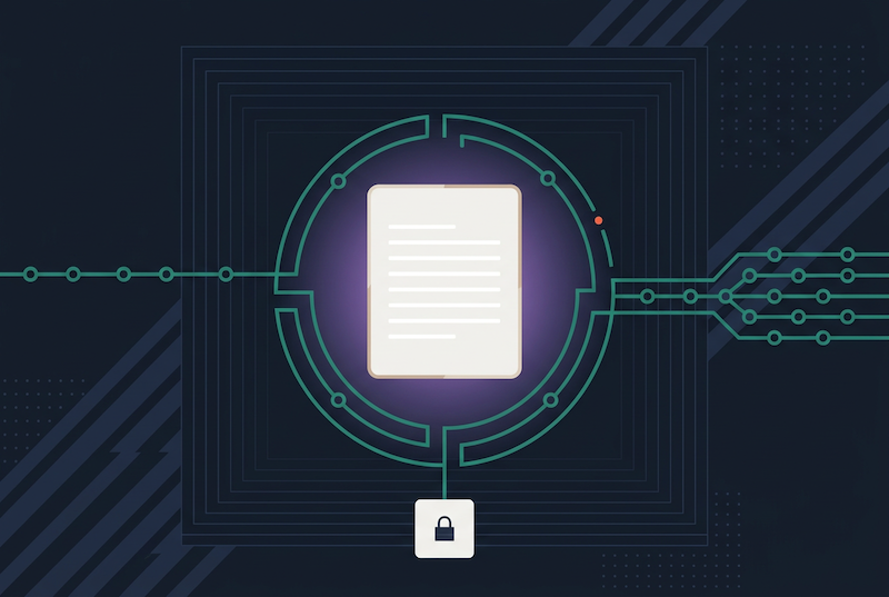 A document is centered inside a glowing circle with circuit lines connecting to it, symbolizing digital security. A padlock icon is shown below, indicating the document is protected. Dark background with subtle tech patterns.