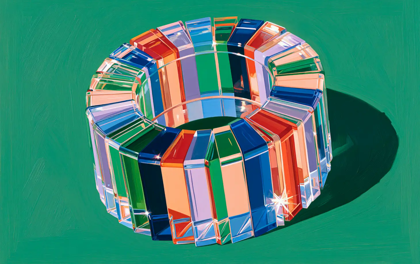 A shiny, circular bracelet made of colorful, rectangular segments sits on a green background, casting a shadow and reflecting light with a sparkling effect.