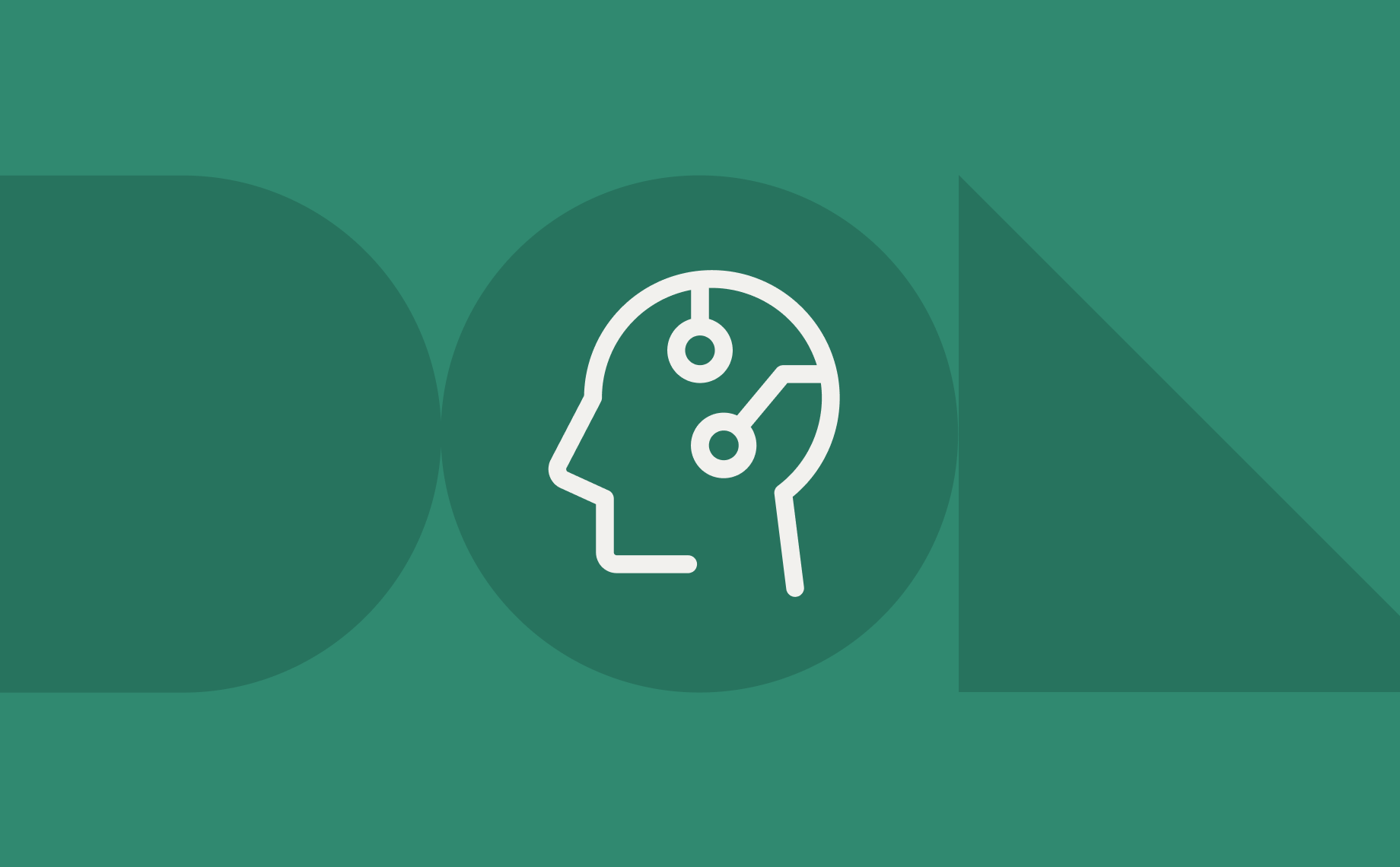 White outline of a human head with circuit lines inside, centered on a green background with geometric shapes: a semicircle, a circle, and a triangle.