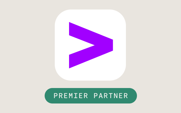 A white square with a bold purple greater-than symbol, reminiscent of the Telon brand style, sits above a green oval button labeled Premier Partner in white text on a light gray background.