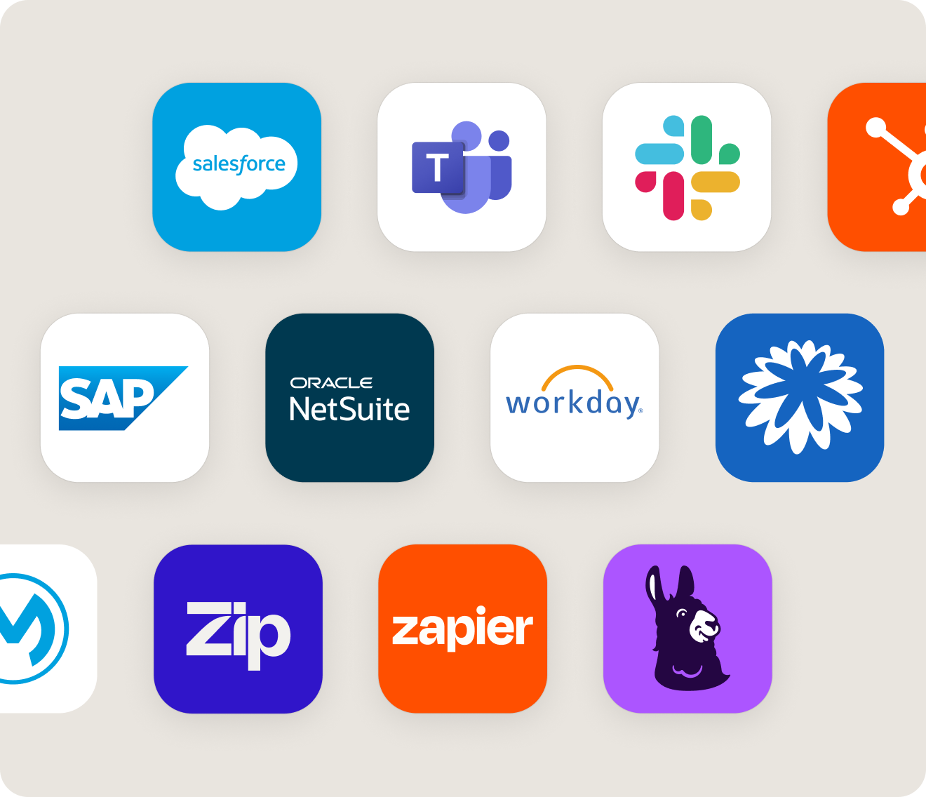 Thirteen app logos including Salesforce, Microsoft Teams, Slack, HubSpot, SAP, Oracle NetSuite, Workday, MuleSoft, Zip, Zapier, and a purple donkey icon, displayed on rounded square backgrounds.