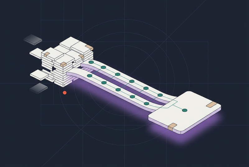 Isometric illustration of data blocks moving along three curved paths from a stacked cluster on the left to a glowing rectangular platform on the right, against a dark geometric background—visually representing the seamless journey to replace legacy CLM systems.