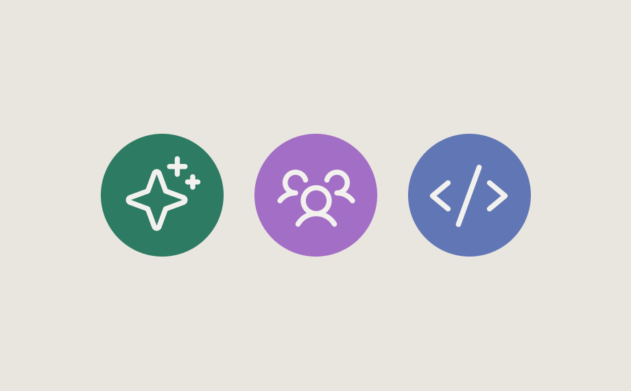 Three colored circles with white icons represent a unified data platform: a green circle with sparkles, a purple circle with three people, and a blue circle with a coding symbol (angle brackets and a slash).