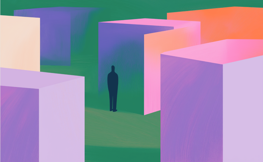 A solitary silhouette stands among tall, colorful rectangular blocks on a green surface, subtly evoking the loneliness in procurement within an abstract, minimalist scene of purple, pink, and peach hues.