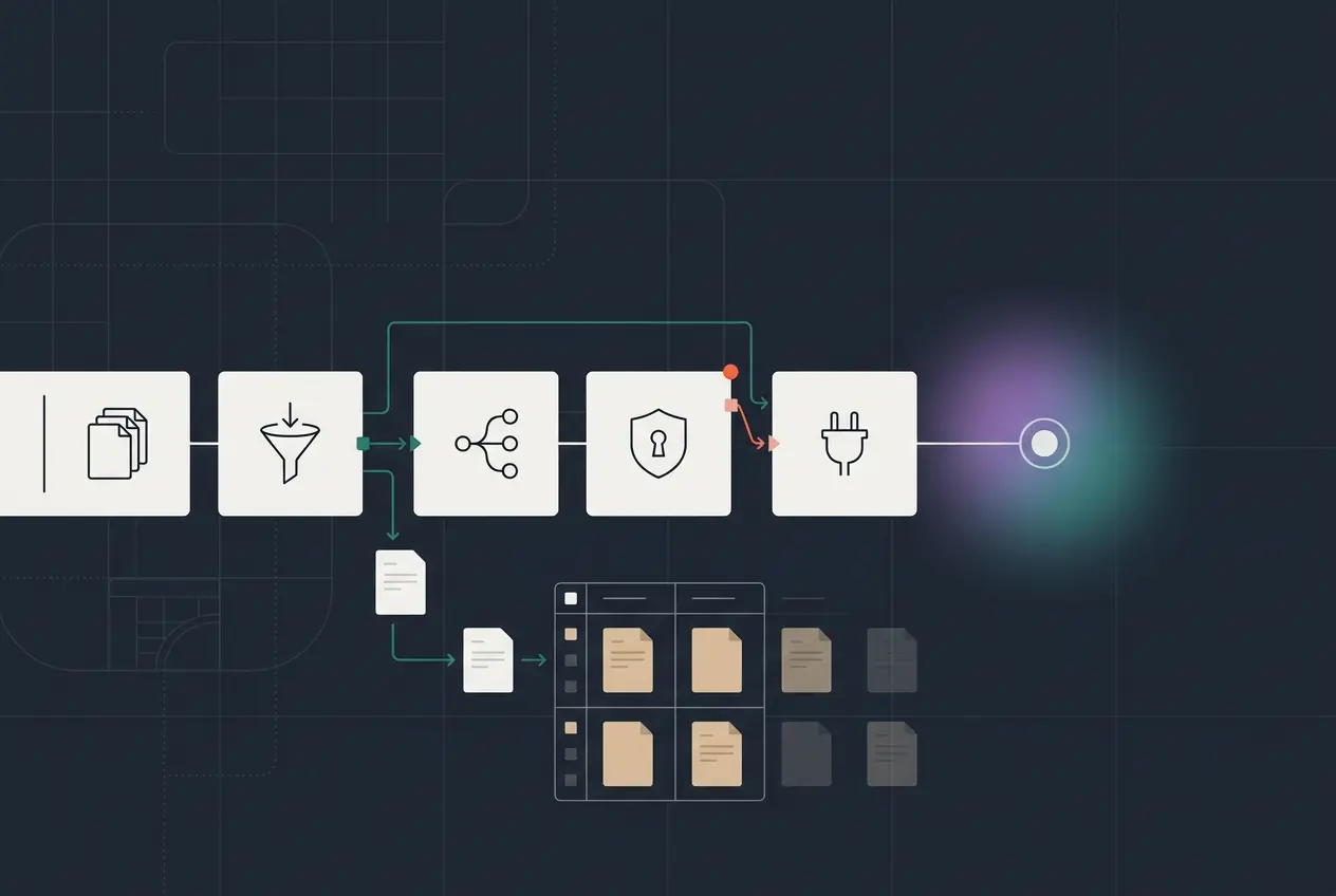 A flowchart with icons showing documents, filtering, branching, security, and a power plug—illustrating the clm implementation time—connected by lines leading to a glowing endpoint, with smaller files and folders below. Dark background with subtle grid lines.