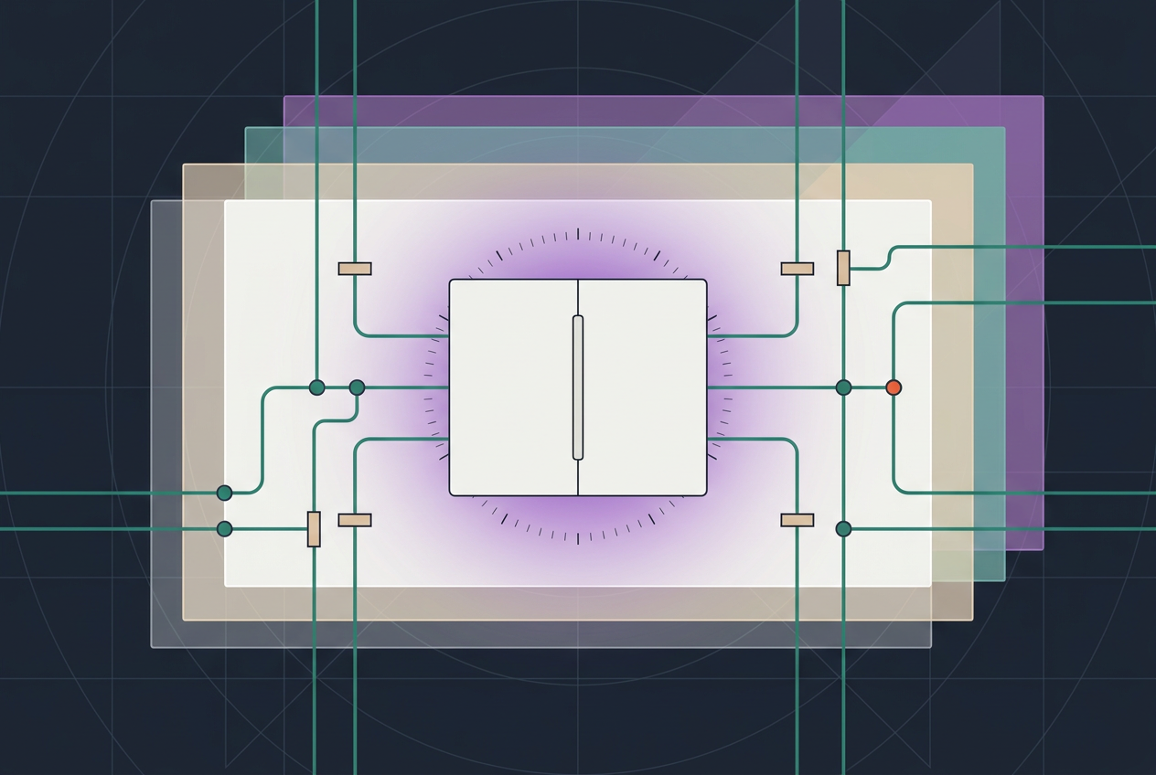 Abstract illustration of a central white microchip with connected circuitry lines, layered transparent rectangles, and teal, brown, and orange accents on a dark background, evoking a sense of balance and control while hinting at contract access within high-speed data environments.