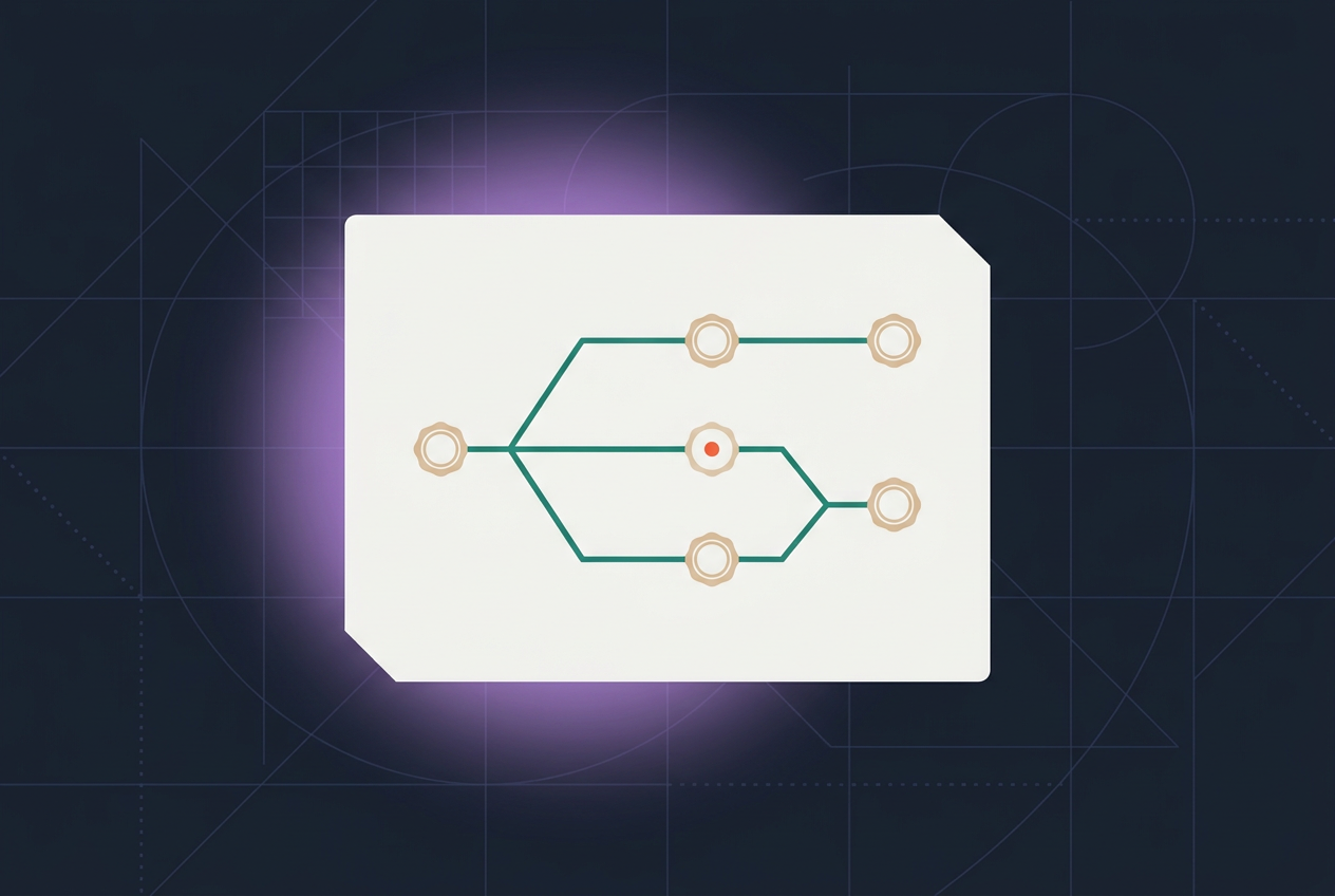 A white chip card with circuit-like lines and nodes, set against a dark background with geometric grid patterns and a purple glow behind the card, evokes a sense of security and precision—perfect for illustrating digital contract signing order.