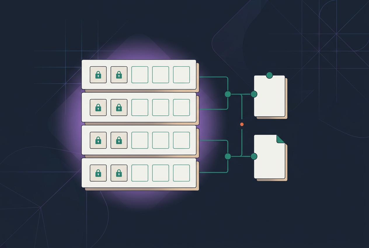 Diagram of four rows of blocks with padlock icons, each connecting by lines to two blank documents on the right, suggesting a data security or blockchain concept on a dark background.