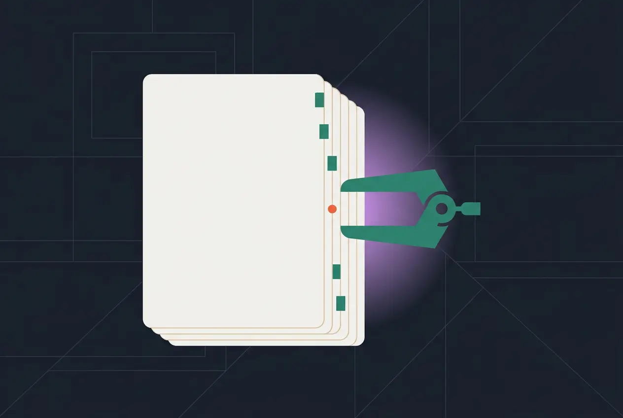 A robotic arm picks a sheet from a stack of papers with green tabs, reminiscent of nda clause negotiation, against a dark, abstract background with glowing accents.