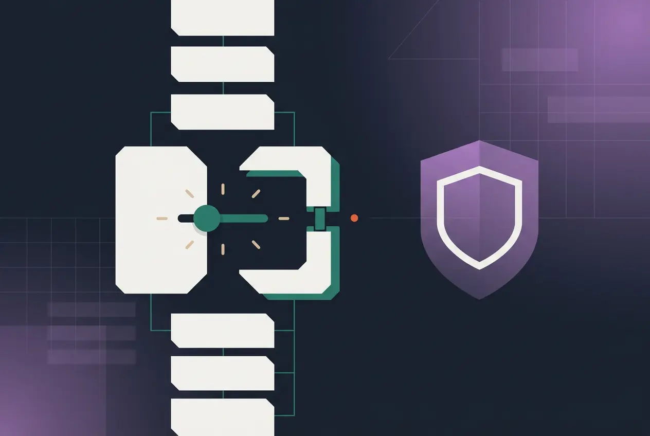 Abstract illustration of a digital mechanism negotiating contract terms with a shield icon, symbolizing cybersecurity or data protection, on a dark background with geometric shapes and purple highlights.