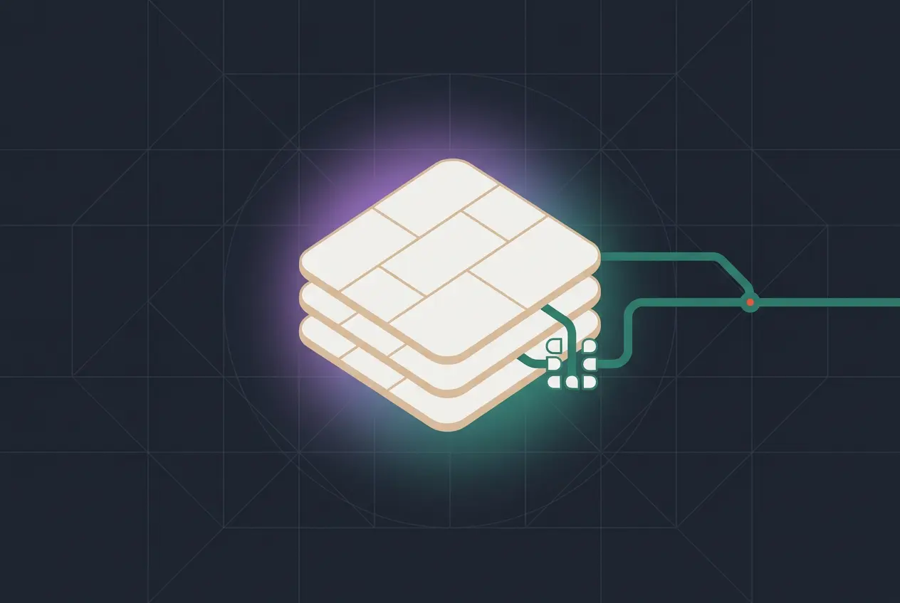 A glowing, layered square structure resembling stacked tiles is connected to green circuit lines on a dark, grid-patterned background, evoking the organized precision of service contract templates in a digital network.