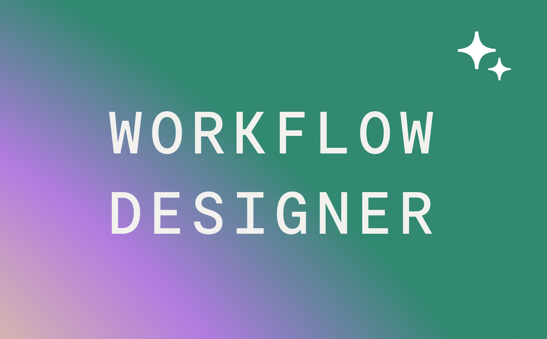 Text WORKFLOW DESIGNER in white capital letters on a green and purple gradient background with two white sparkle icons in the top right corner, highlighting its role as a contract review agent.