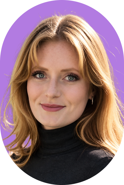 AI headshot of a smiling woman with blonde hair wearing a black turtleneck against a purple background.
