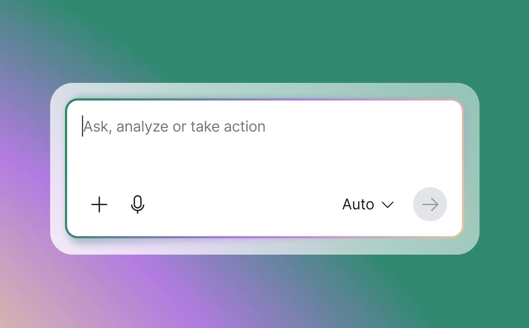 An AI prompt input box displaying the text Ask, analyze or take action to develop soft skills in procurement, with icons for adding content, voice input, an auto-settings menu, and a submit arrow.