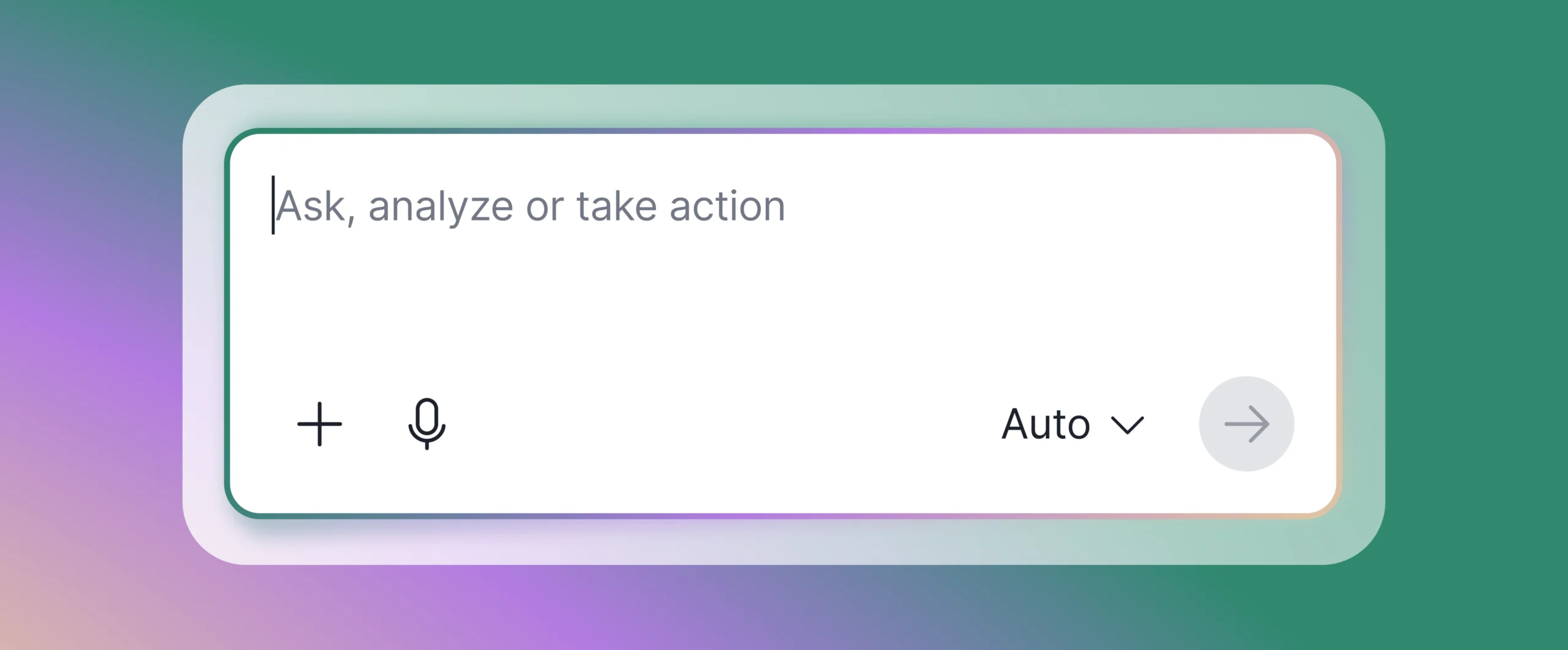 Text input field with the prompt Ask, analyze or take action, featuring icons for adding content, voice input, an Auto mode selection, and a submit arrow.