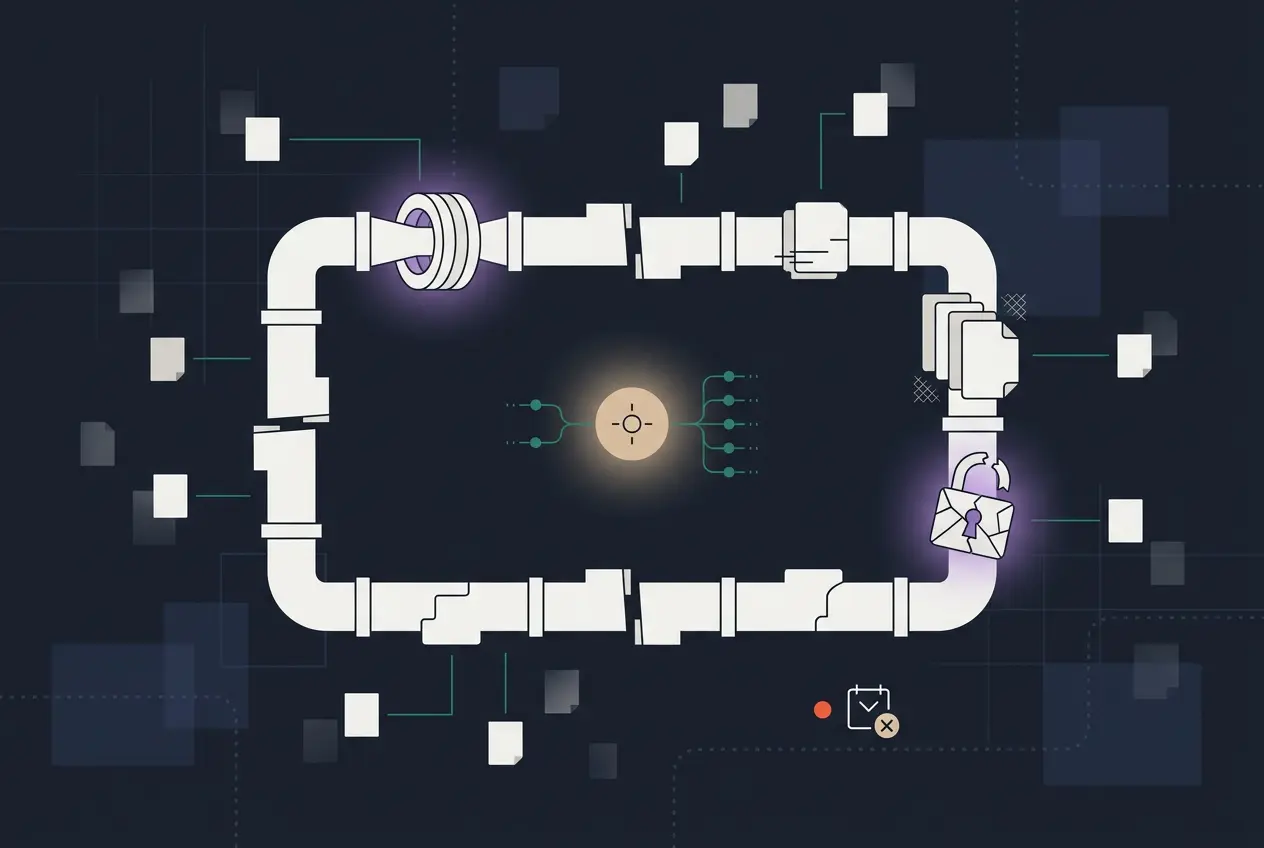 A circular diagram of broken piping segments representing contract automation challenges, featuring a glowing center icon, a circular filter, a glowing open padlock, and various digital document icons.