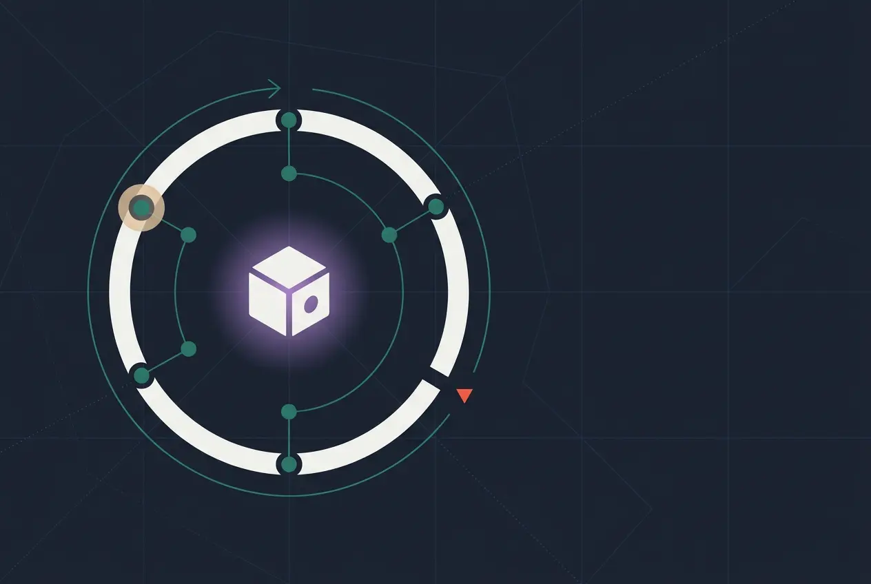 A glowing cube is centered within a circular diagram, featuring various green dots and arrows, symbolizing contract managers’ workflow on a dark background.