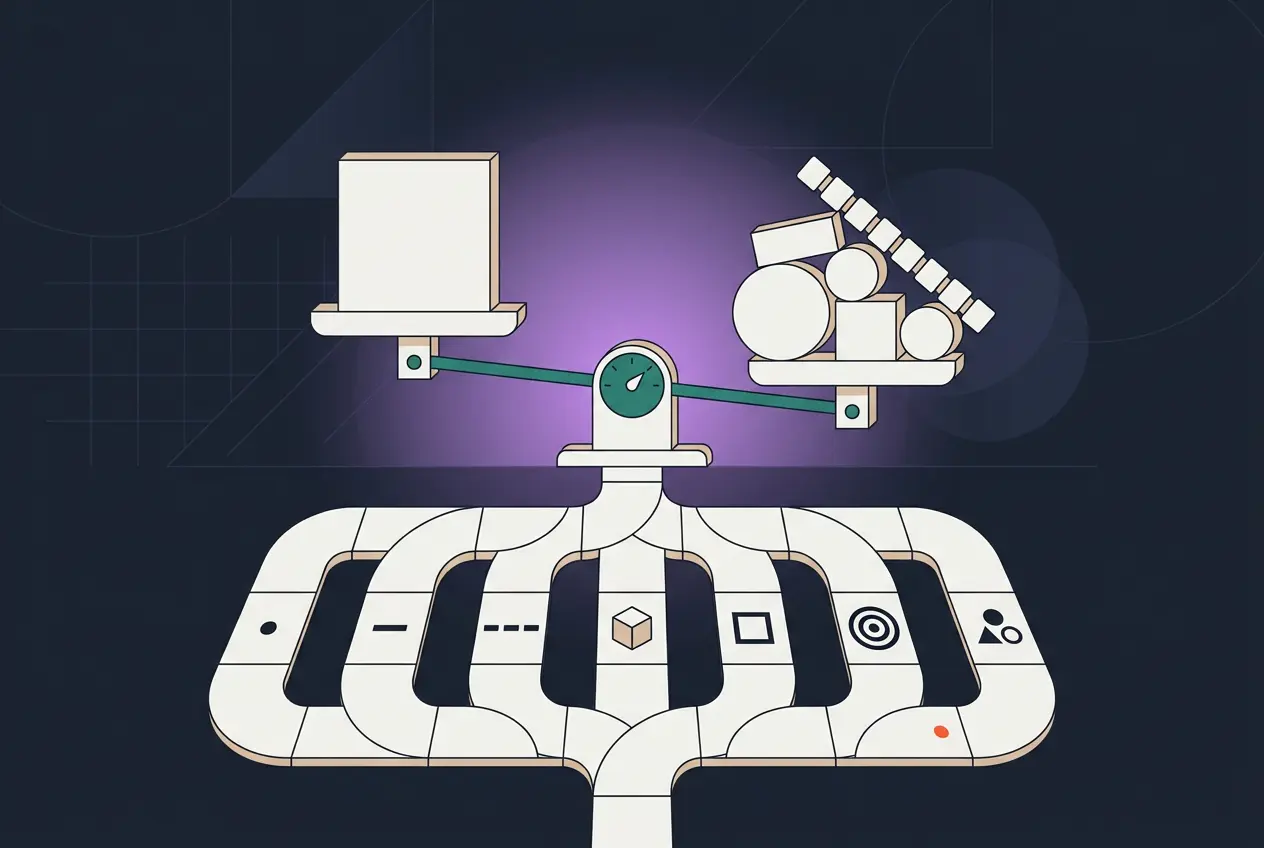 A scale balancing a single large square block against a collection of various smaller geometric shapes, connected below to a branching network of pathways labeled with icons representing contract models for procurement.