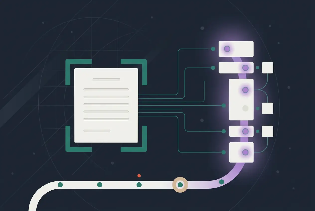 A document icon connected by lines to a series of process nodes and a flowing path on a dark background.