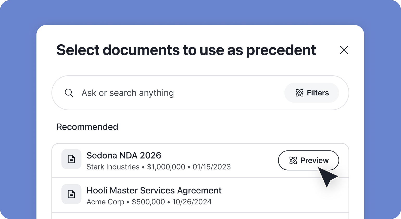 Document selection interface showing a search bar and a list of recommended documents with a cursor hovering over the preview button for the Sedona NDA 2026 file.