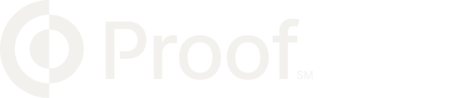 Proof logo featuring a stylized circular icon to the left of the text.