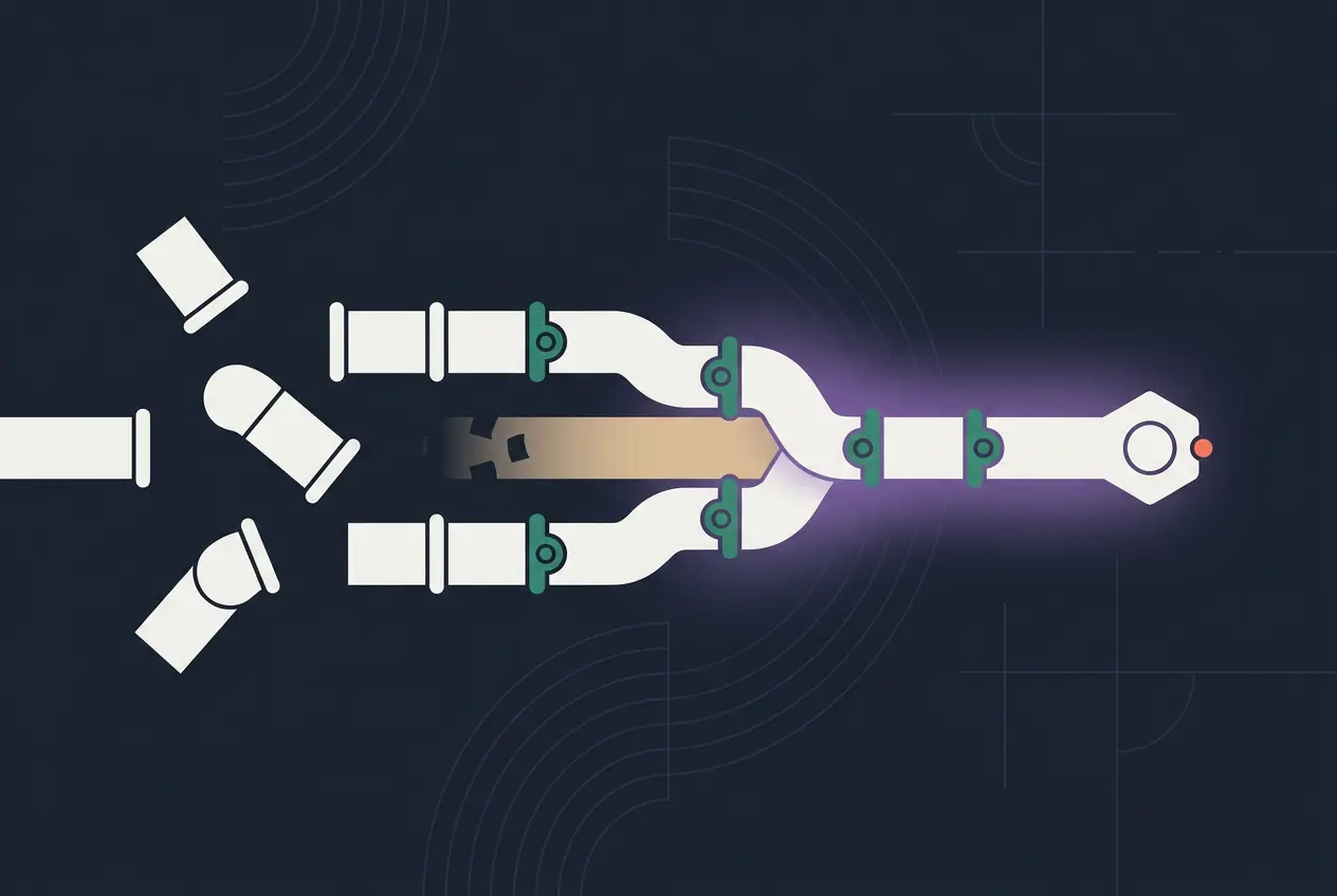 Mechanical pipes merge into a glowing nozzle to improve CLM adoption, while bullet casings float to the left.