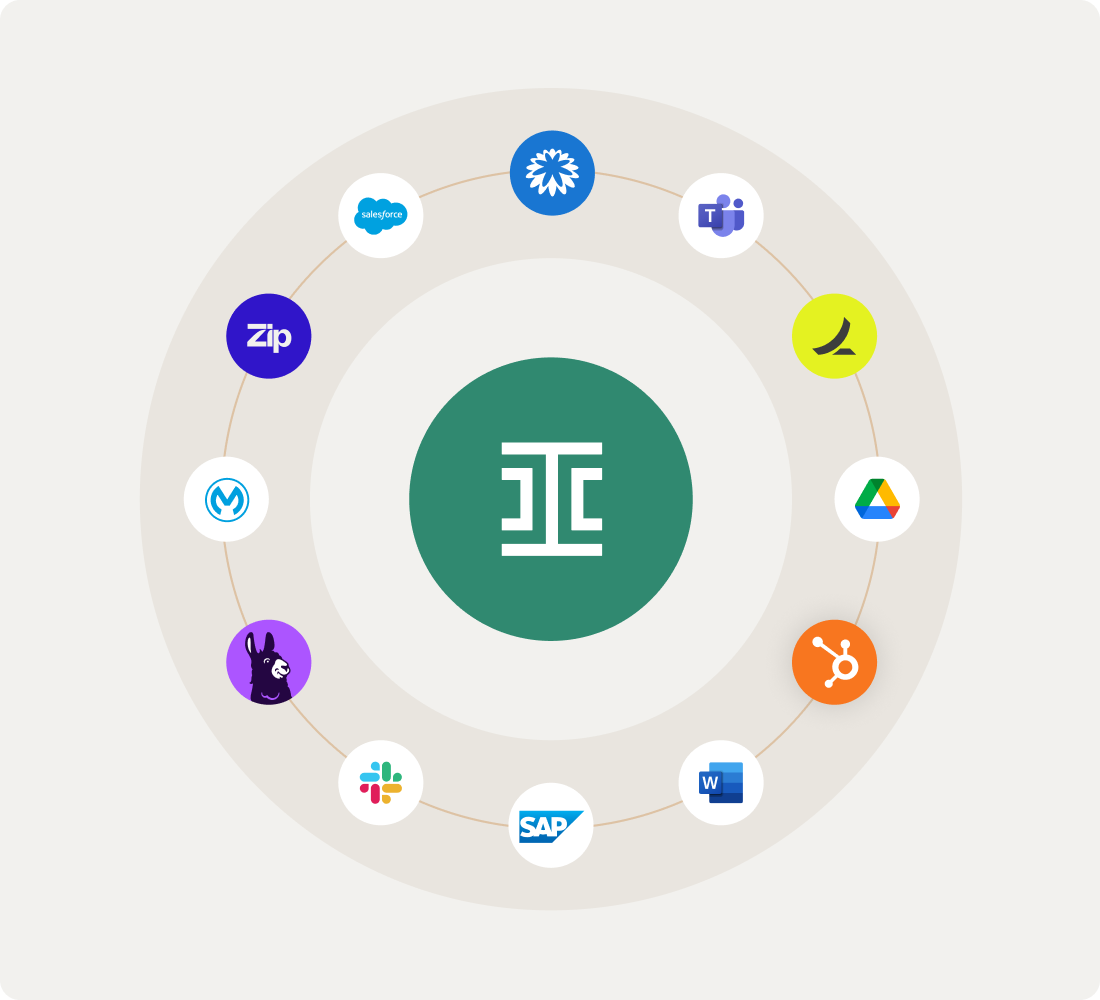 A central green circle with a white logo surrounded by a ring of twelve software application icons.