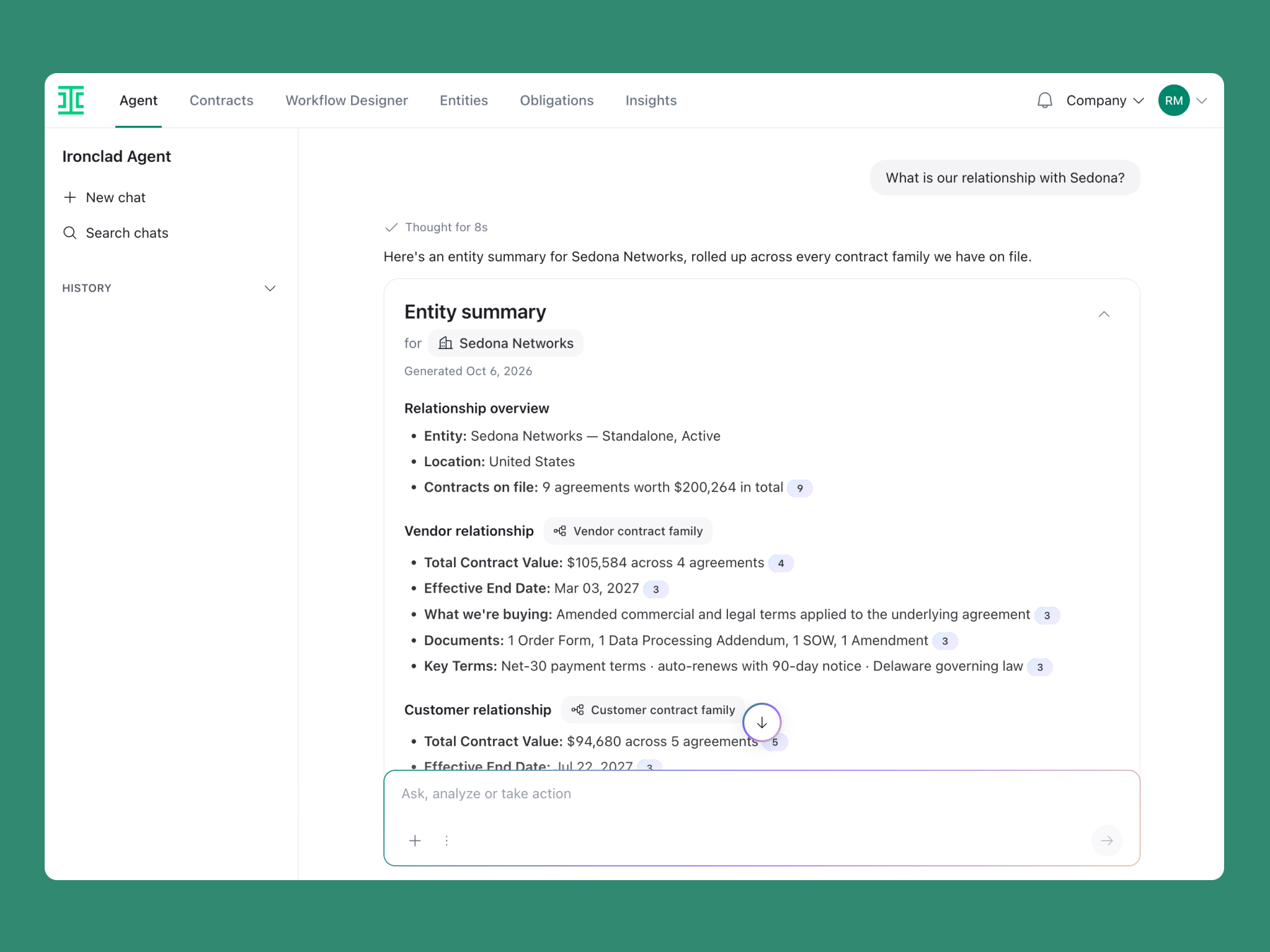 Ironclad Agent interface displaying a Sedona Networks entity summary with contract and relationship details, highlighting the soft skills in procurement needed to navigate the input field at the bottom.