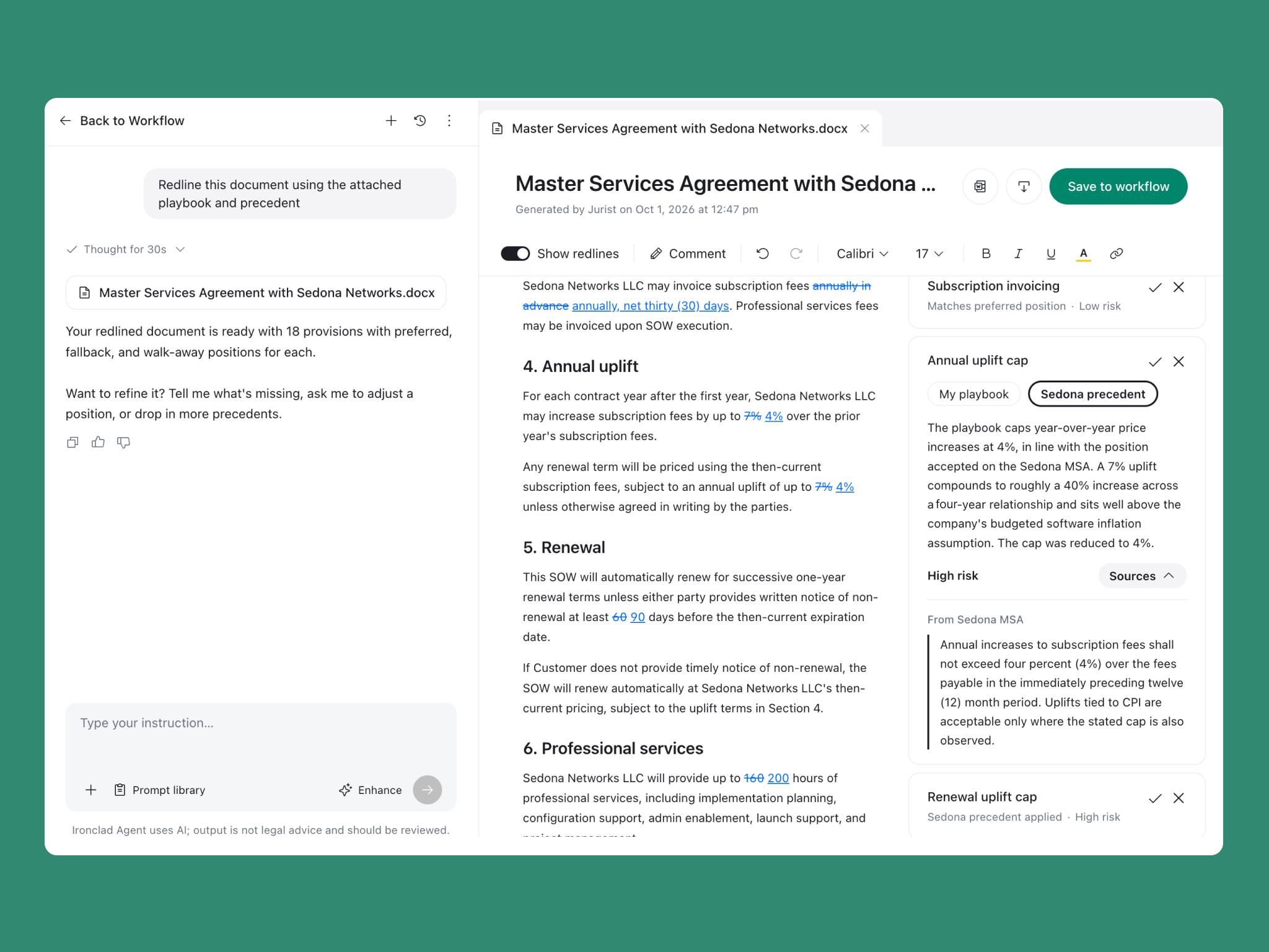 A digital interface shows a document review tool with a Master Services Agreement, an AI chat panel for soft skills in procurement, and an analysis sidebar.