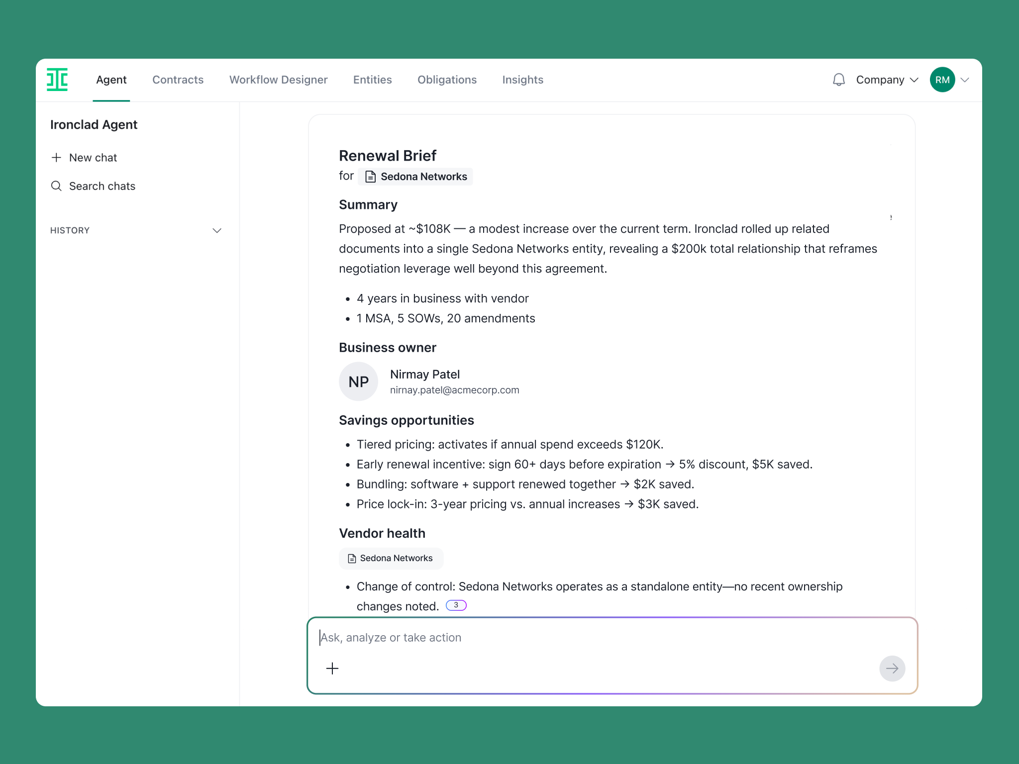 The Ironclad Agent web interface displays a Renewal Brief for Sedona Networks, featuring a summary, business owner details, savings opportunities, and vendor health, with a text input field at the bottom.
