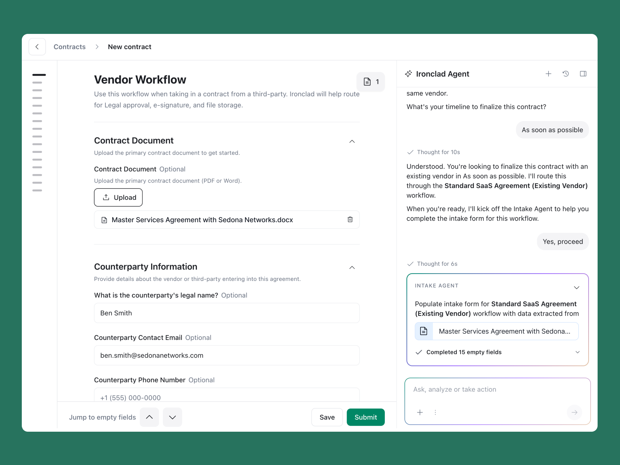 A browser interface for a contract management platform featuring a Vendor Workflow form on the left and an Ironclad Agent chat sidebar on the right to support soft skills in procurement.