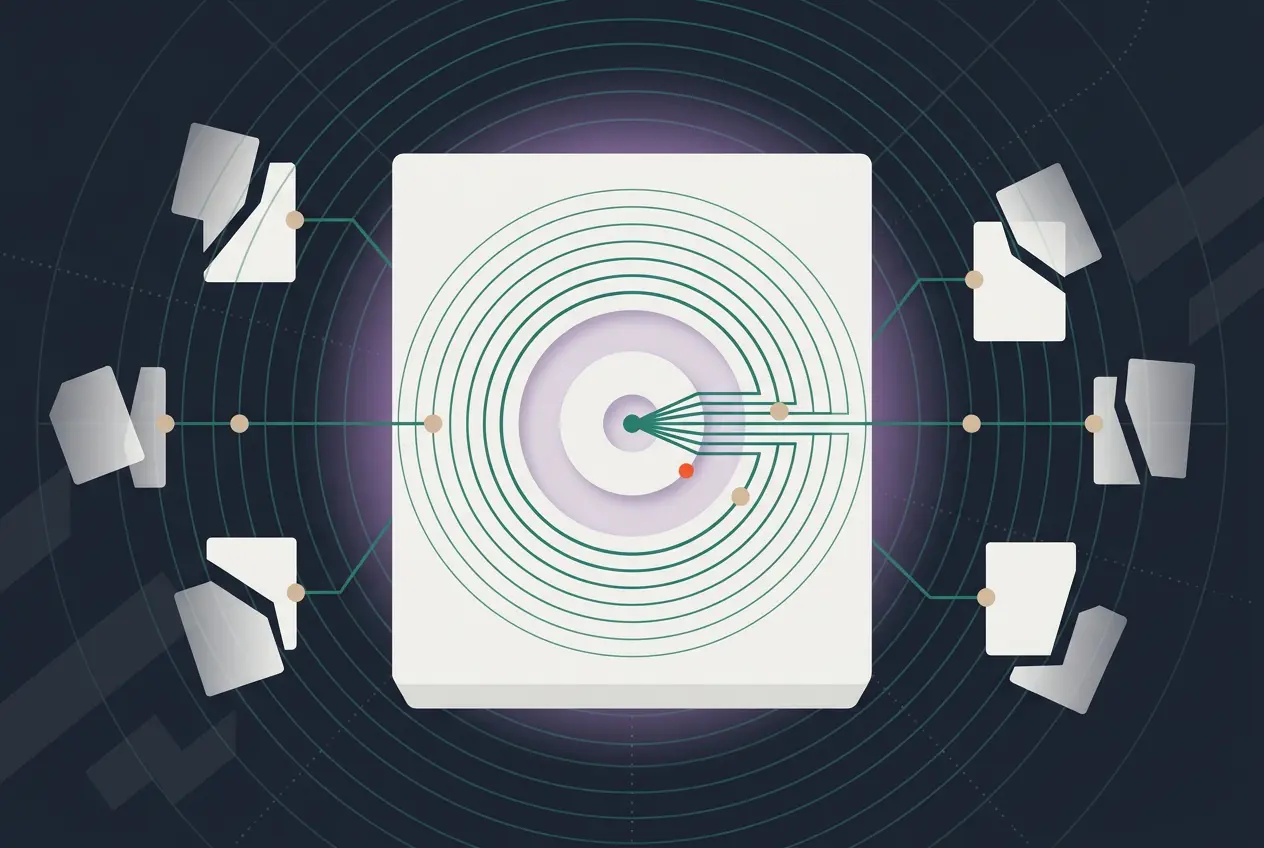 A central square with concentric circles connected to six smaller surrounding shapes by lines, representing a system of record for contracts.