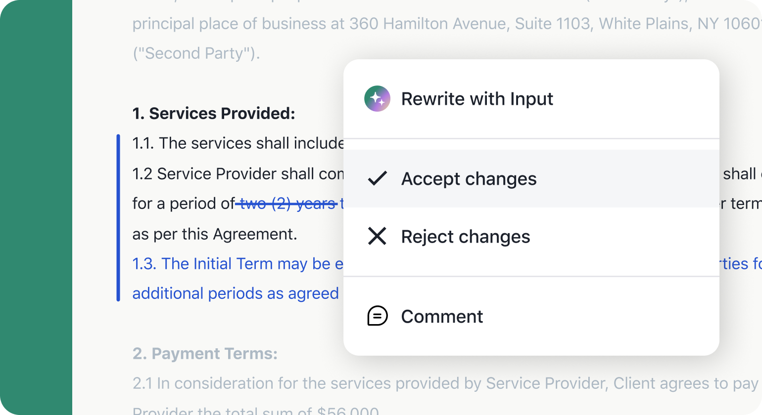 A digital document editor interface showing a pop-up menu with options to Rewrite with Input, Accept changes, Reject changes, and Comment.